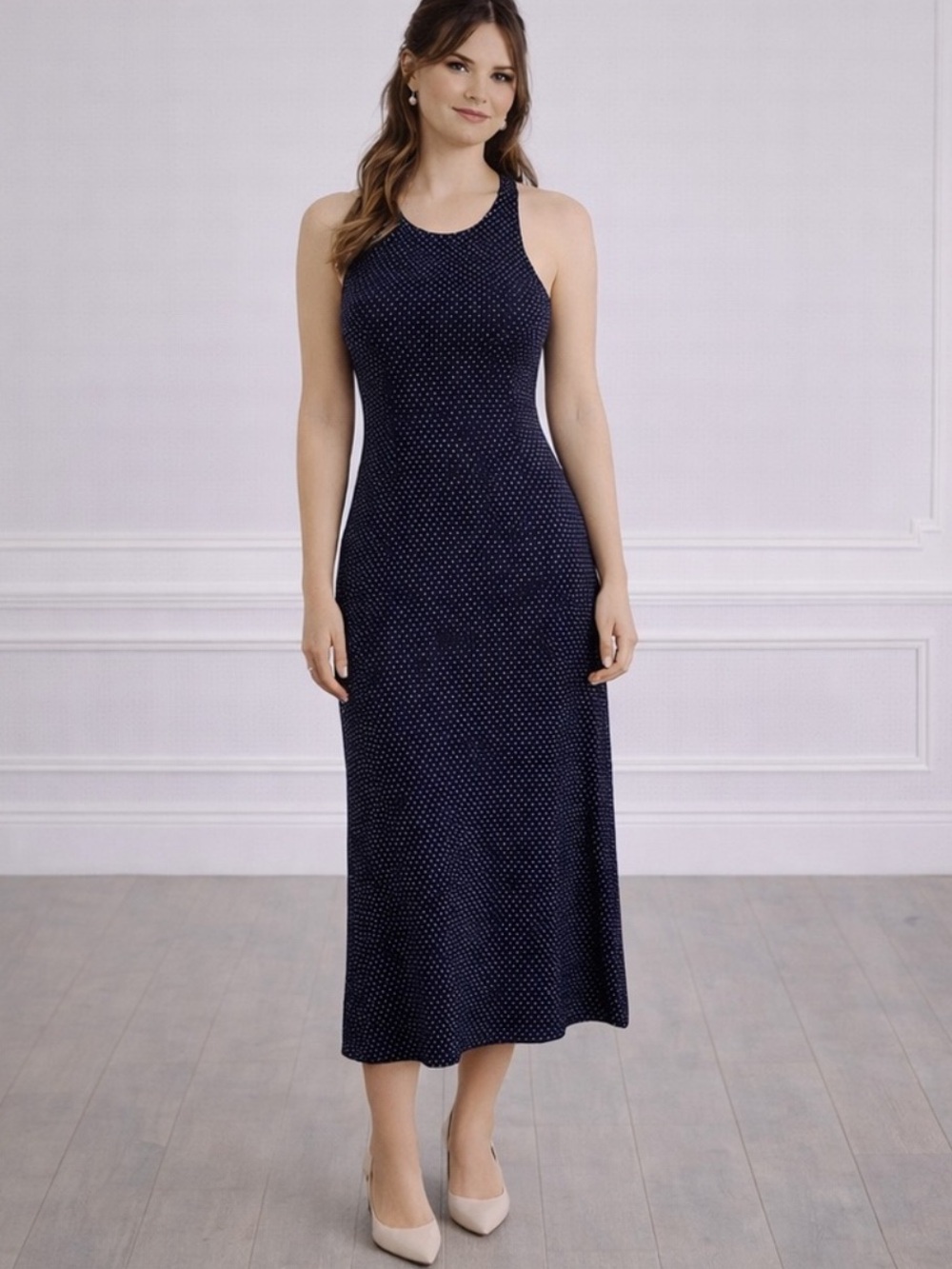 Ralph Lauren Silk‎ Navy Polka Dot Midi Dress Women’s Sz 8 Vtg